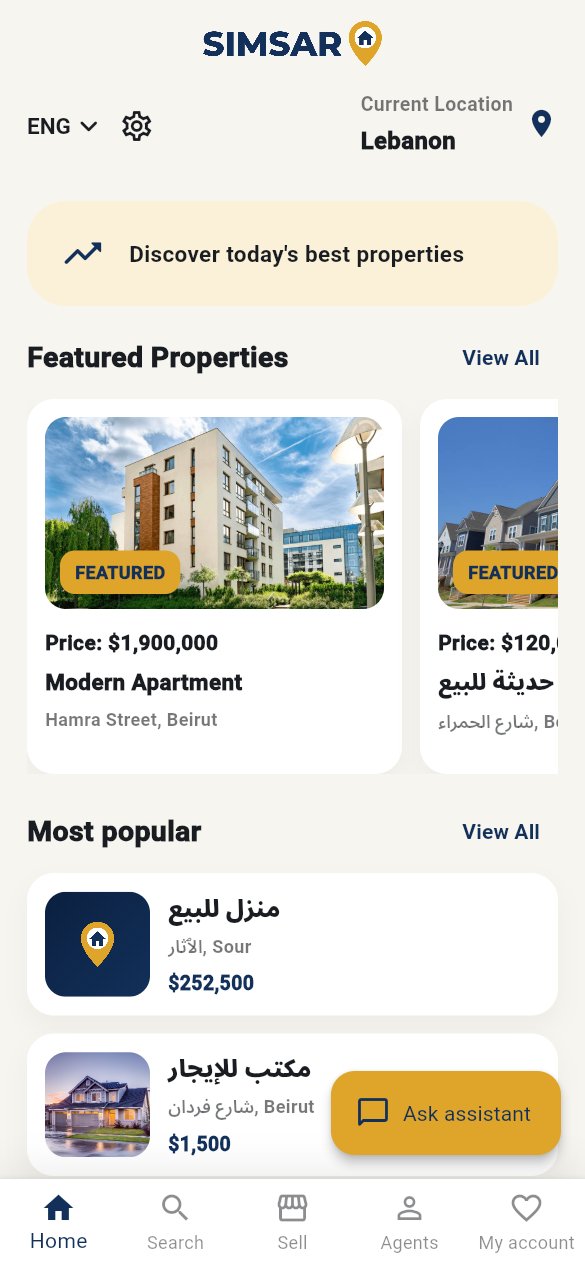 Simsaro home screen with featured properties
