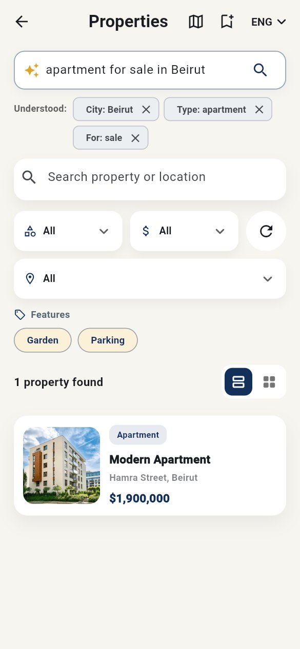 Simsaro AI search turning a sentence into filters