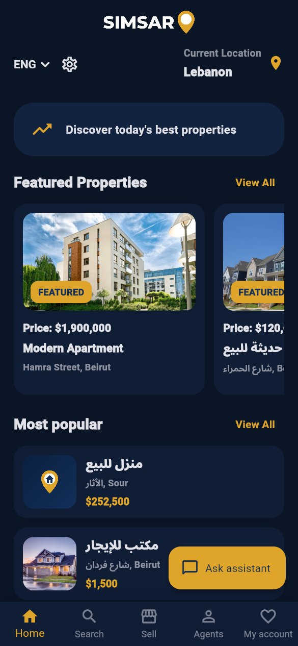 Simsaro home screen in dark theme